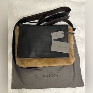 NWT!! ALL SAINTS! Tan Furry Shoulder Bag with Black Leather Accents